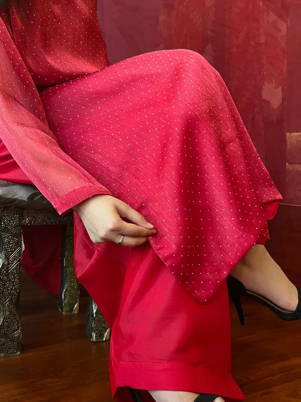 Red Mukesh Work 3-Piece Suit with Organza Dupatta - Image 3