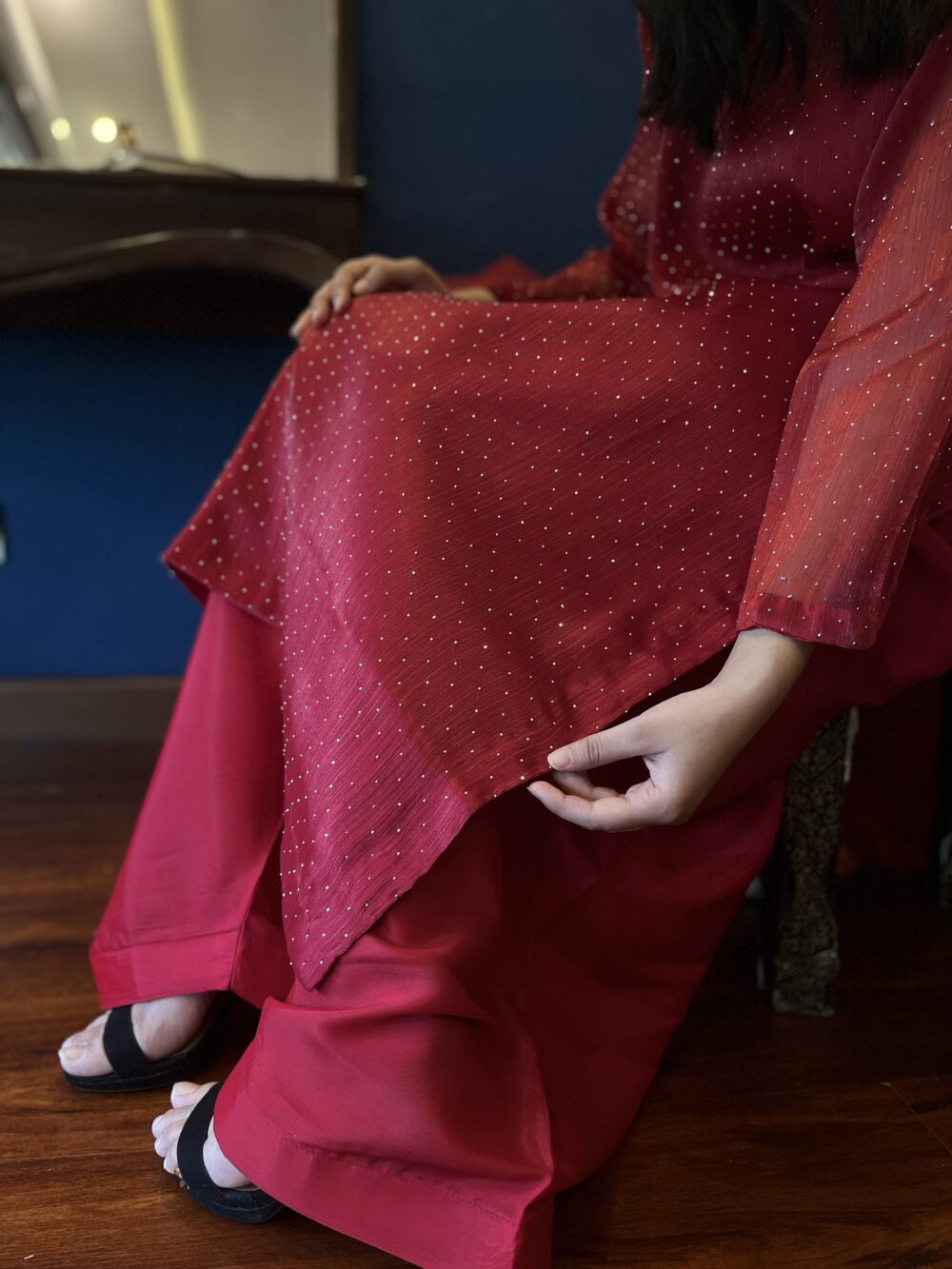 Red Mukesh Work 3-Piece Suit with Organza Dupatta - Image 4