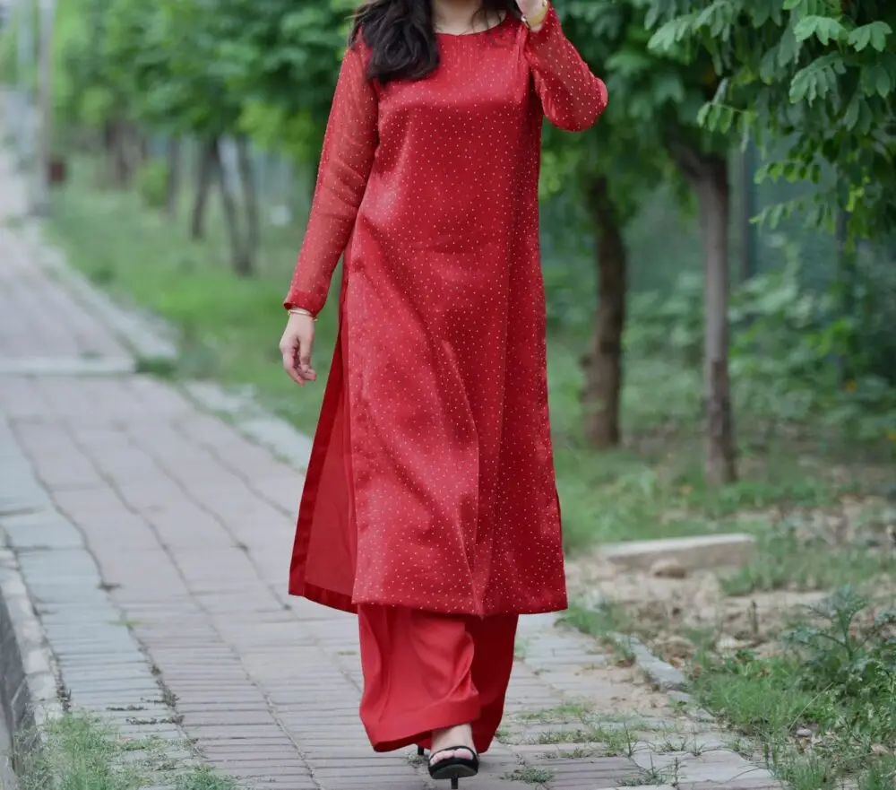 Red Mukesh Work 3-Piece Suit with Organza Dupatta